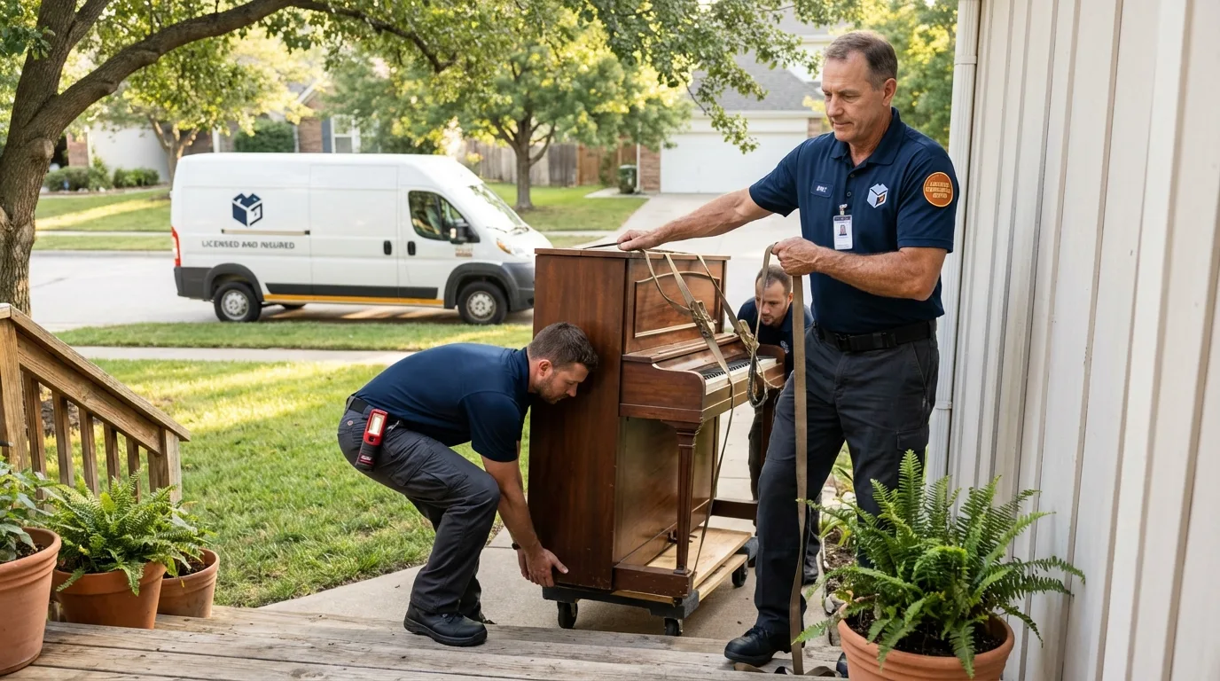 Licensed piano movers securing grand piano in West Point, NE