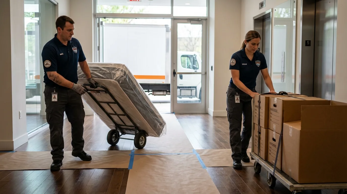 Professional apartment movers loading elevator in West Point, NE