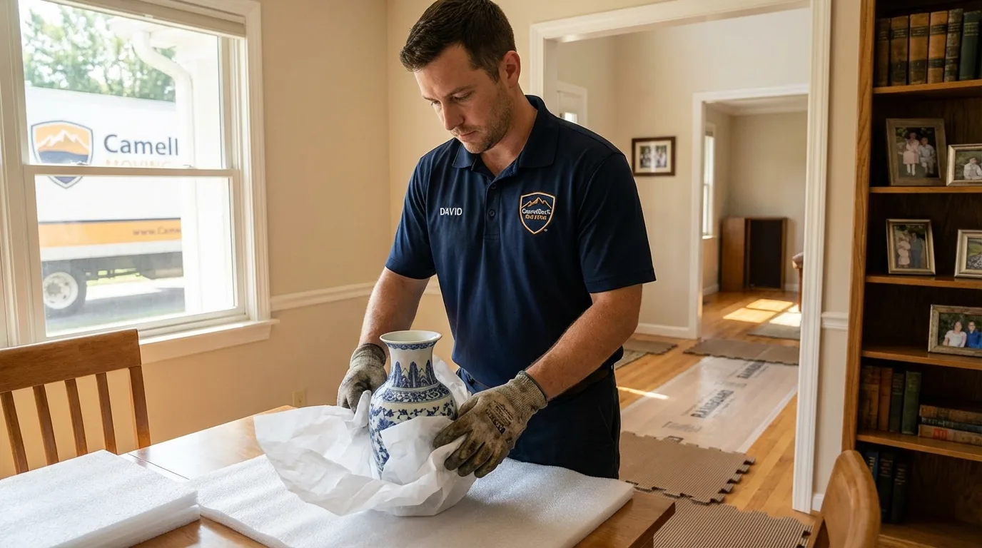Professional crew carefully wrapping antique vase for senior downsizing move in West Point, NE