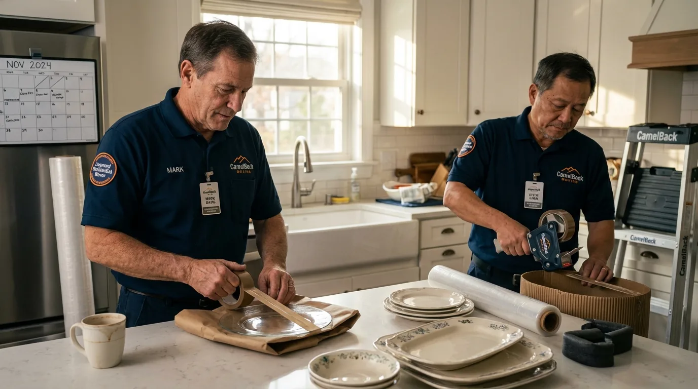 Professional crew packing kitchen dishware in West Point, NE